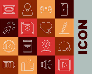 Set line Play in square, Speech bubble chat, Pencil with eraser, Gamepad, Floppy disk for computer data storage, Arrow cursor, Retro audio cassette tape and Like and heart icon. Vector