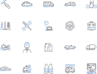 Car service outline icons collection. Maintenance, Garages, Oil-change, Parts, Repairs, Window-tint, Detailing vector and illustration concept set. Wheels, Brakes, Diagnostic linear signs