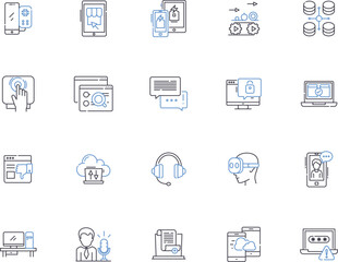 Computer technology outline icons collection. Computer, Technology, Networking, Software, Programming, Hardware, AI vector and illustration concept set. Internet, Security, Cloud linear signs