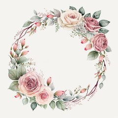 Water Color Pastel Flower and bloom, Wedding decorative perfect circle frame border, AI Genrative 