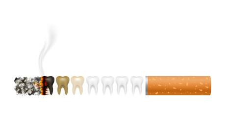 Dangers of smoking, Tooth and cigarette. Smoking effect on human teeth. Dental care concept. Stop smoking, World No Tobacco Day. Icon 3D file PNG