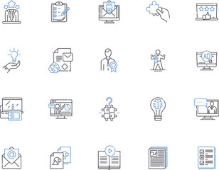 Marketing plan outline icons collection. Strategy, Tools, Budget, Promotion, Research, Analysis, Objectives vector and illustration concept set. Audience, Goals, Execution linear signs