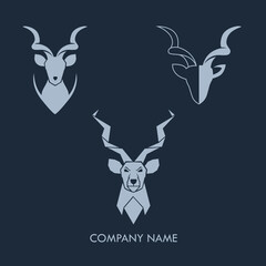 Mascot silhouette of antelope specie kudu with long twisted horns. Suited logo for business like hunting traveling or related to animals. Different symbol options for branding of companies and firms
