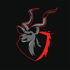 Gaming mascot icon of antelope specie kudu with long twisted horns. Can be used as a team logo for gamers or in other Online competitive sports related projects and posters. Can be printed on t shirts