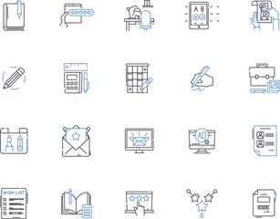 Design outline icons collection. Design, Creation, Pattern, Presentation, Architecture, Modeling, Artistic vector and illustration concept set. Visualization, Graphic, Ornamentation linear signs