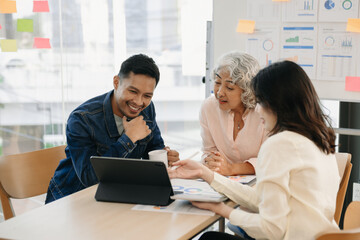 Profile side view of three nice classy elegant stylish trendy beautiful handsome executive managers discussing department development in loft industrial interior