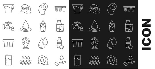 Set line Washing hands with soap, Bottle of water, glass, Water drop, tap, Jug and Glass icon. Vector