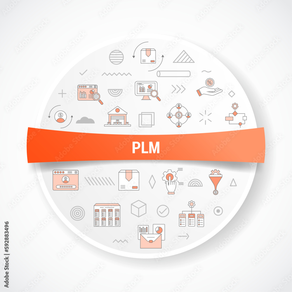 Poster plm concept with icon concept with round or circle shape for badge