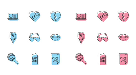 Set line Search heart and love, Valentines day party flyer, Dating app online, Calendar with February 14, Heart shaped glasses, Smiling lips, Flower rose and Candy box icon. Vector