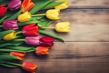 Bouquet of pastel color tulips on a wooden background with copy space. Beautiful frame composition of spring flowers. Mother's Day background, Generative AI