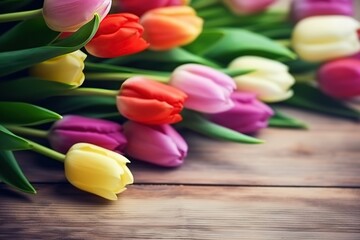 Obraz na płótnie Canvas Bouquet of pastel color tulips on a wooden background with copy space. Beautiful frame composition of spring flowers. Mother's Day background, Generative AI