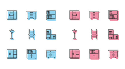 Set line Wardrobe, Library bookshelf, Furniture nightstand, Chair, Shelf with, Floor lamp and icon. Vector