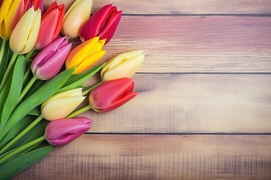 Bouquet of pastel color tulips on a wooden background with copy space. Beautiful frame composition of spring flowers. Mother's Day background, Generative AI