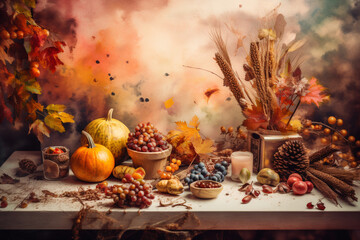 Naklejka na ściany i meble Decorating an autumn table in a rustic style with your own hands. Floral interior decor for the autumn holidays with handmade pumpkins.ai generative