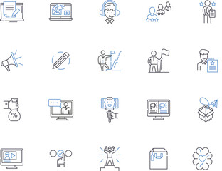 Public and government relations outline icons collection. Public, Government, Relations, & Political, Affairs, Engagement, Advocacy vector and illustration concept set. Publicity, Reputation