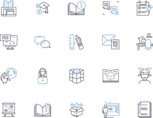 Learning outline icons collection. Instruction, Education, Enrichment, Schooling, Tutoring, Knowledge, Training vector and illustration concept set. Skills, Comprehension, Acquirement linear signs