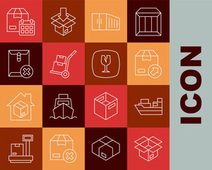 Set line Unboxing, Cargo ship with boxes delivery, Carton cardboard, Container, Hand truck and, Delete envelope, Cardboard calendar and Fragile broken glass icon. Vector