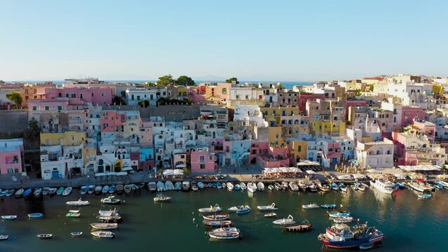 The naval port of Procida island, Italian town near Naples for summer vacation