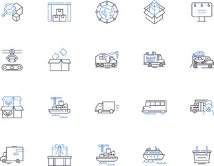 Supply chain outline icons collection. Logistics, Management, Optimization, Supply, Chain, Distribution, Tracking vector and illustration concept set. Warehouse, Inventory, Forecasting linear signs