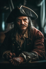 Obraz premium pirate captain corsair in costume and hat on medieval ship at sea. Generative AI