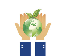 World environment day minimalist vector background with earth in hands and plant.