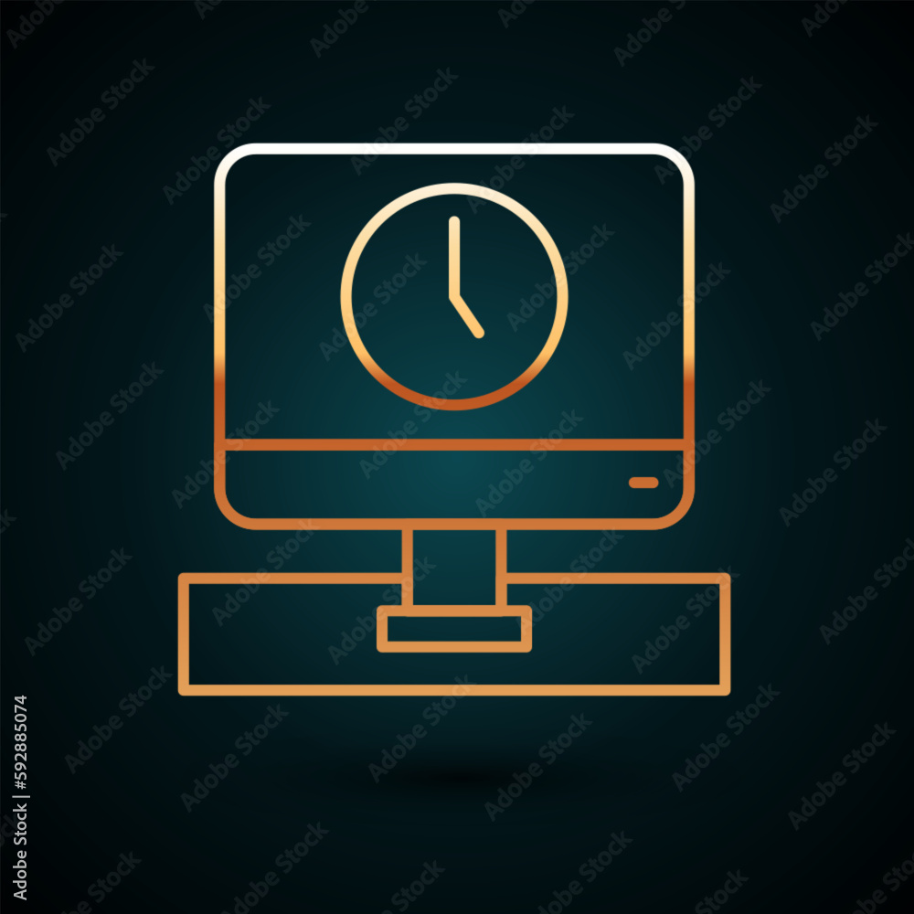 Poster gold line computer monitor time icon isolated on dark blue background. electronic device. front view