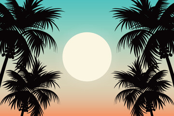 Illustration of a beach with plenty of palm trees in the sunset sky