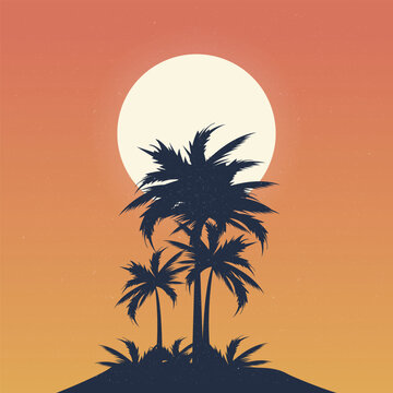 Illustration of a beach with plenty of palm trees in the sunset sky
