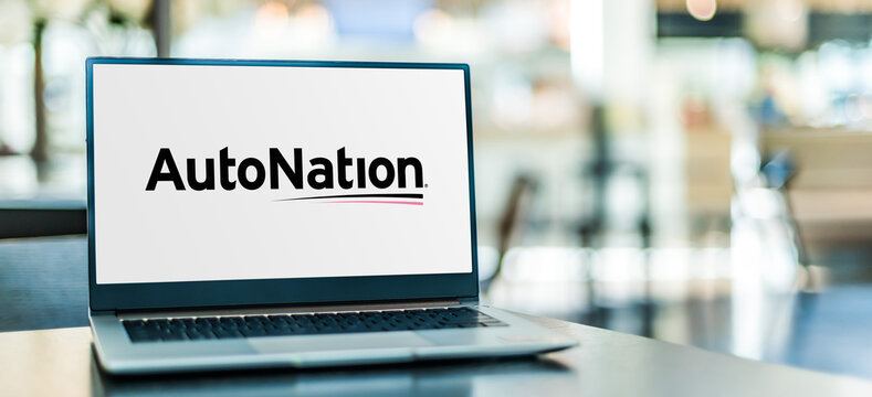 Laptop computer displaying logo of AutoNation