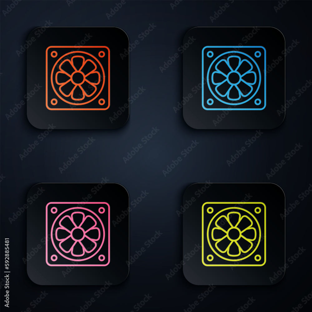 Wall mural Color neon line Computer cooler icon isolated on black background. PC hardware fan. Set icons in square buttons. Vector