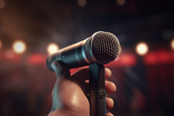 Speaker hand holding microphone on stage background, close up. Music concept