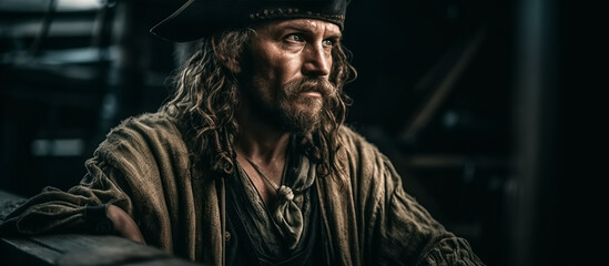 Obraz premium portrait of pirate corsair captain in costume and hat on medieval ship at caribbean sea. Generative AI