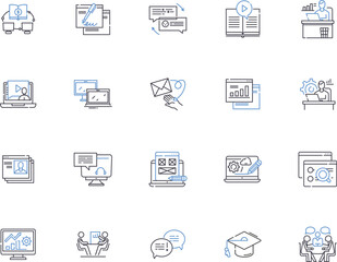 Online education outline icons collection. eLearning, Tutoring, Online-Courses, Distance-Learning, Virtual-Classroom, Video-Lectures, eTutoring vector and illustration concept set. Webinars, MOOCs