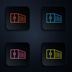 Color neon line Container icon isolated on black background. Crane lifts a container with cargo. Set icons in square buttons. Vector