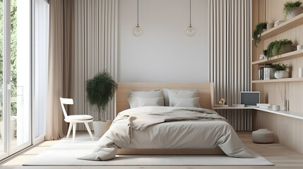 render of a cozy bedroom, modern style, soft and natural colors with wood, large window with natural light, interior render