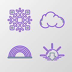 Set line Sunset, Rainbow with clouds, Cloud and Snowflake icon. Vector