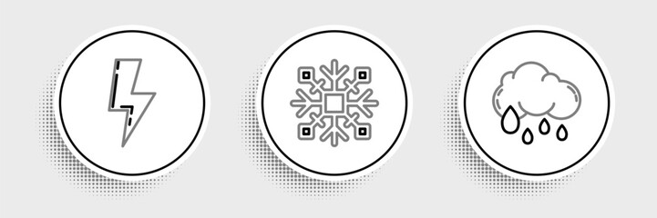 Set line Cloud with rain, Lightning bolt and Snowflake icon. Vector