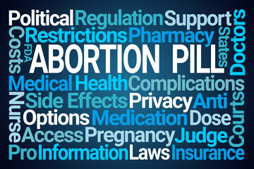 Abortion Pill Word Cloud on Blue Background