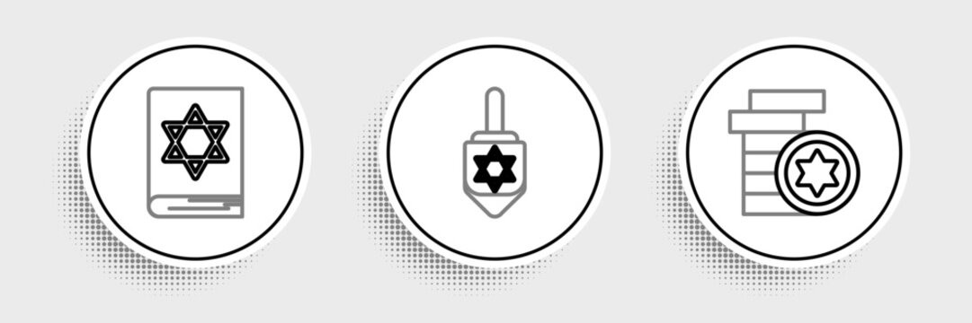 Set line Jewish coin, torah book and Hanukkah dreidel icon. Vector