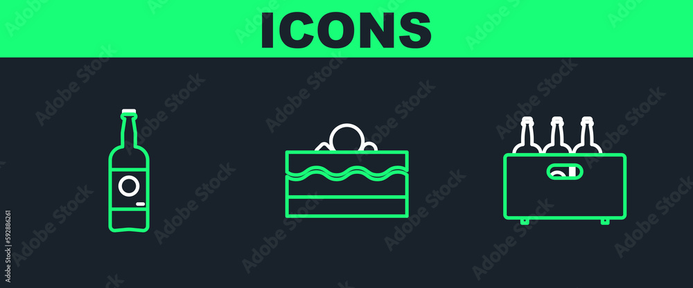 Poster Set line Bottles of wine in a wooden box, Beer bottle and Cake icon. Vector