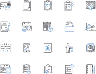 Time and date outline icons collection. Time, Date, Calendar, Clock, Hour, Minute, Second vector and illustration concept set. Day, Month, Year linear signs