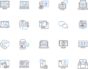 Online business outline icons collection. Ecommerce, Storefront, Digital, Merchandise, Marketplace, Advertising, Services vector and illustration concept set. Platforms, Retailing, Payment linear