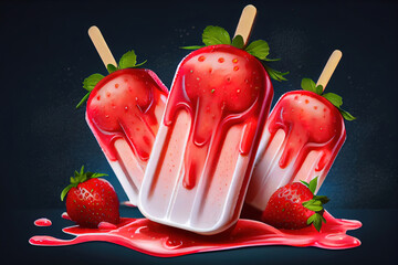 Strawberry popsicles with fresh slices. National ice cream day july 17 holiday concept. Generative Ai