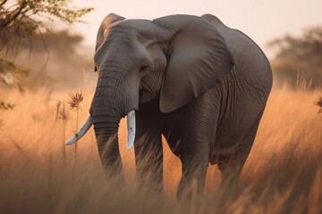 Fototapeta na wymiar a majestic elephant strolling through the savannah during the warm light of late afternoon, showcasing the wrinkles on its skin and the intelligence in its eyes,generated ai