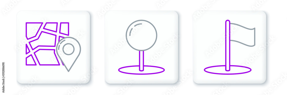Poster set line flag, folded map with location marker and push pin icon. vector