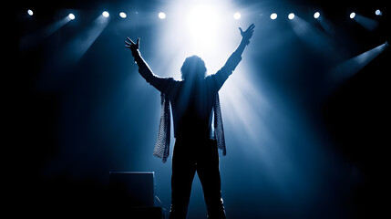 Fototapeta na wymiar silhouette of rock star on stage with two arms in the air, holding a mic in left hand. Backlit by blue and white spot lights from behind