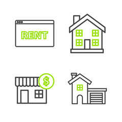 Set line House, with dollar symbol, Home and Hanging sign text Online Rent icon. Vector