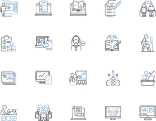 Working outline icons collection. Employing, Occupying, Laboring, Functioning, Earning, Performing, Executing vector and illustration concept set. Operating,Plying,Acting linear signs