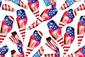 Watercolor pattern, beach slippers, fireworks, ice cream in a cone. All elements in the colors of the USA flag. Generative Ai