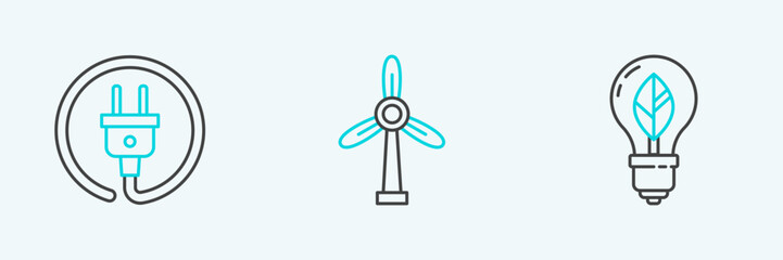 Set line Light bulb with leaf, Electric plug and Wind turbine icon. Vector